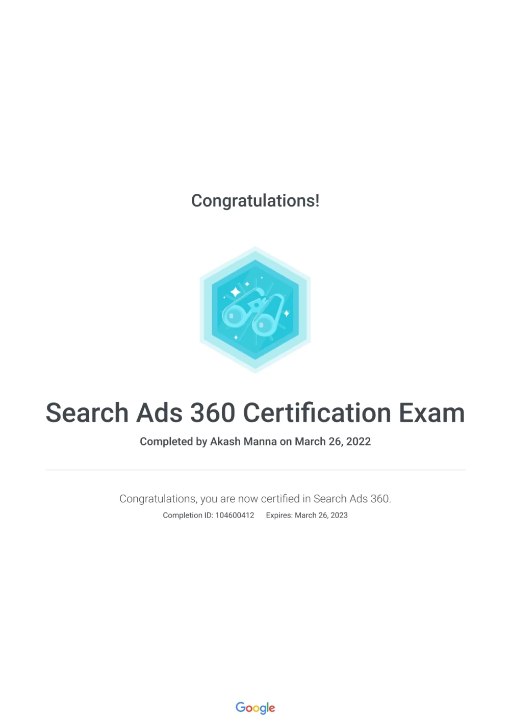 Google Ads 360 Certificate